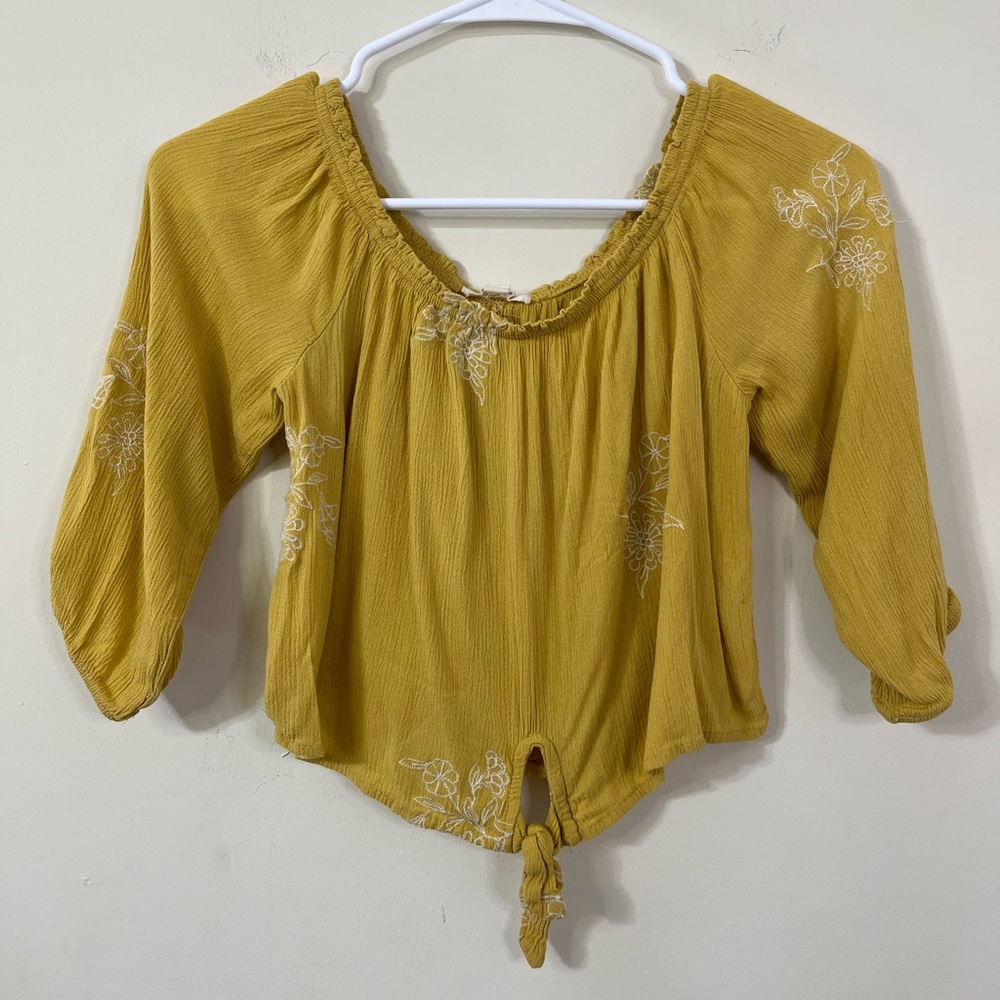 Rebellion Mustard White Flower Embroidered Off The Shoulder Cropped Front Tie S - Picture 4 of 8